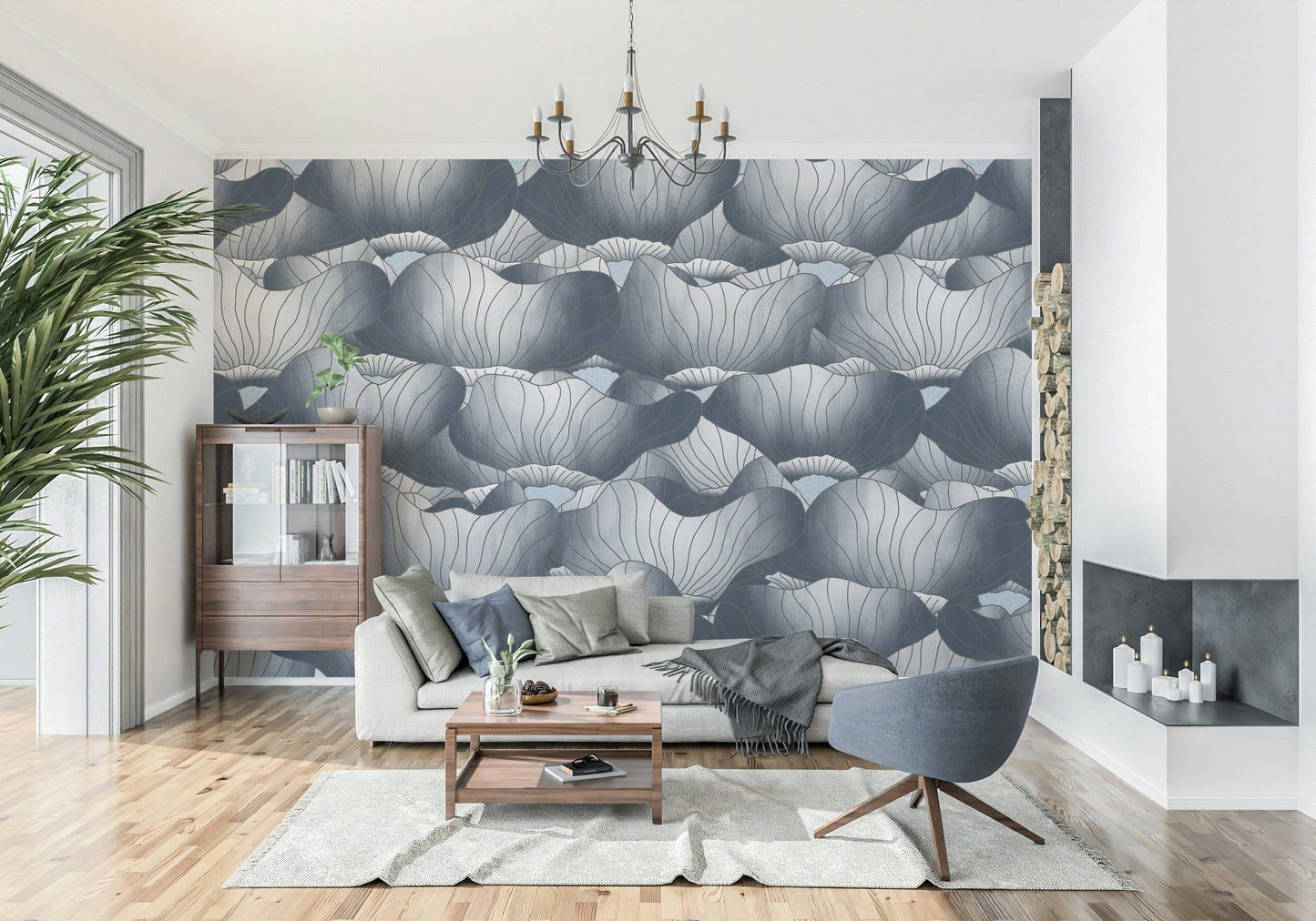 Navy Blue Botanical Bloom Waves  Wall Mural