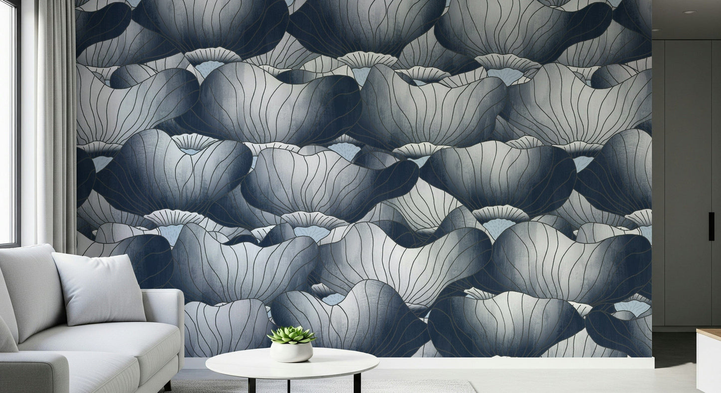 Navy Blue Botanical Bloom Waves  Wall Mural