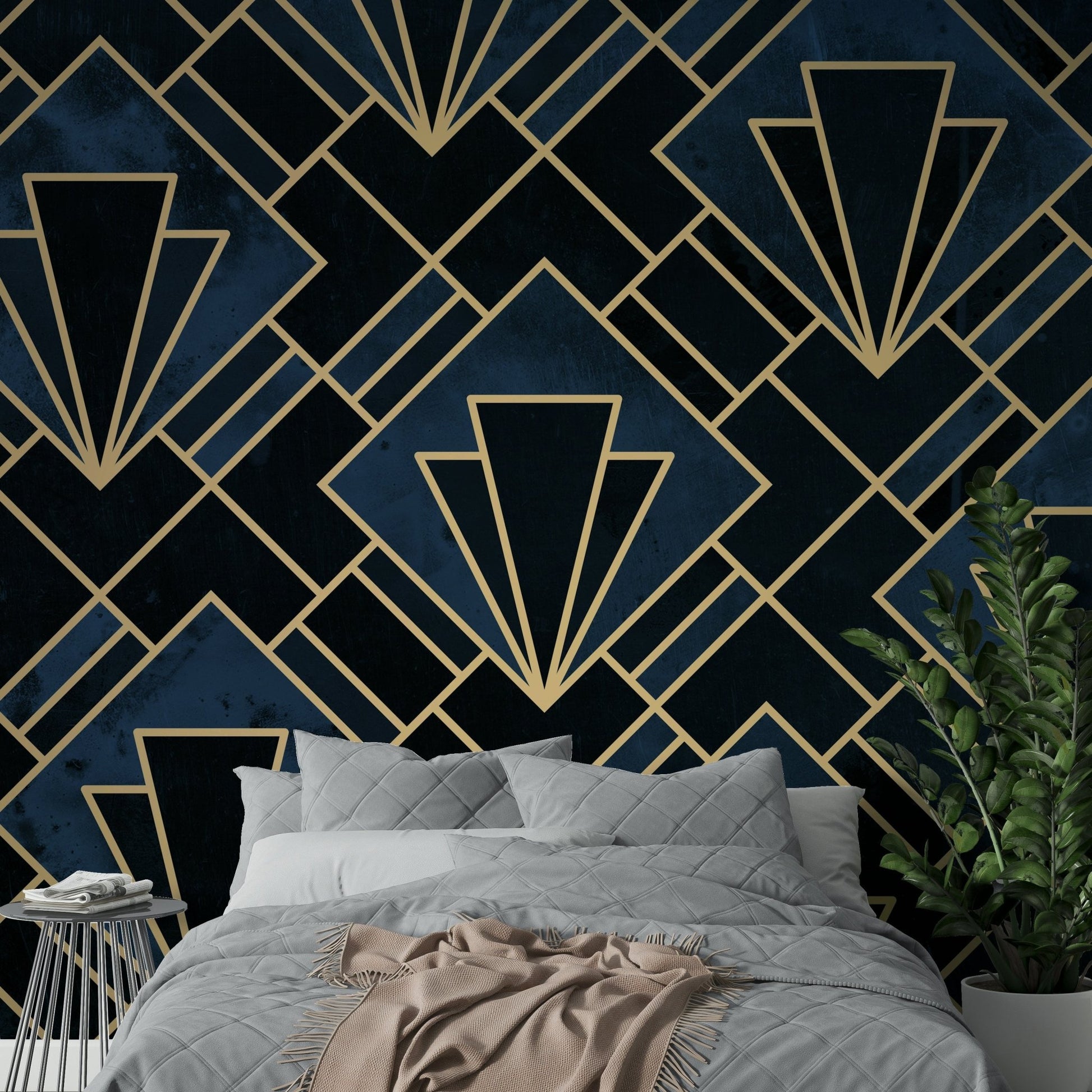 Deep navy and gold accents in geometric mosaic pattern mural

