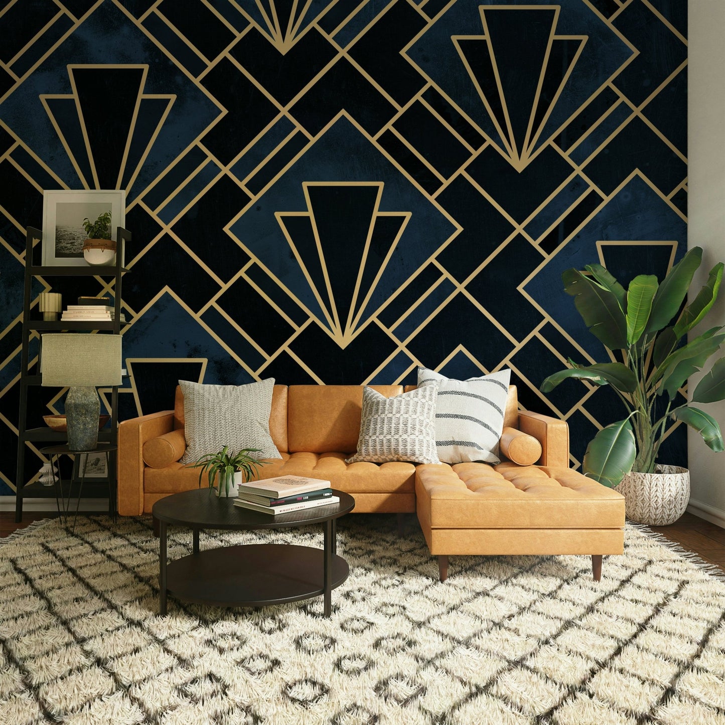 Luxurious Art Deco mosaic mural in rich blue tones

