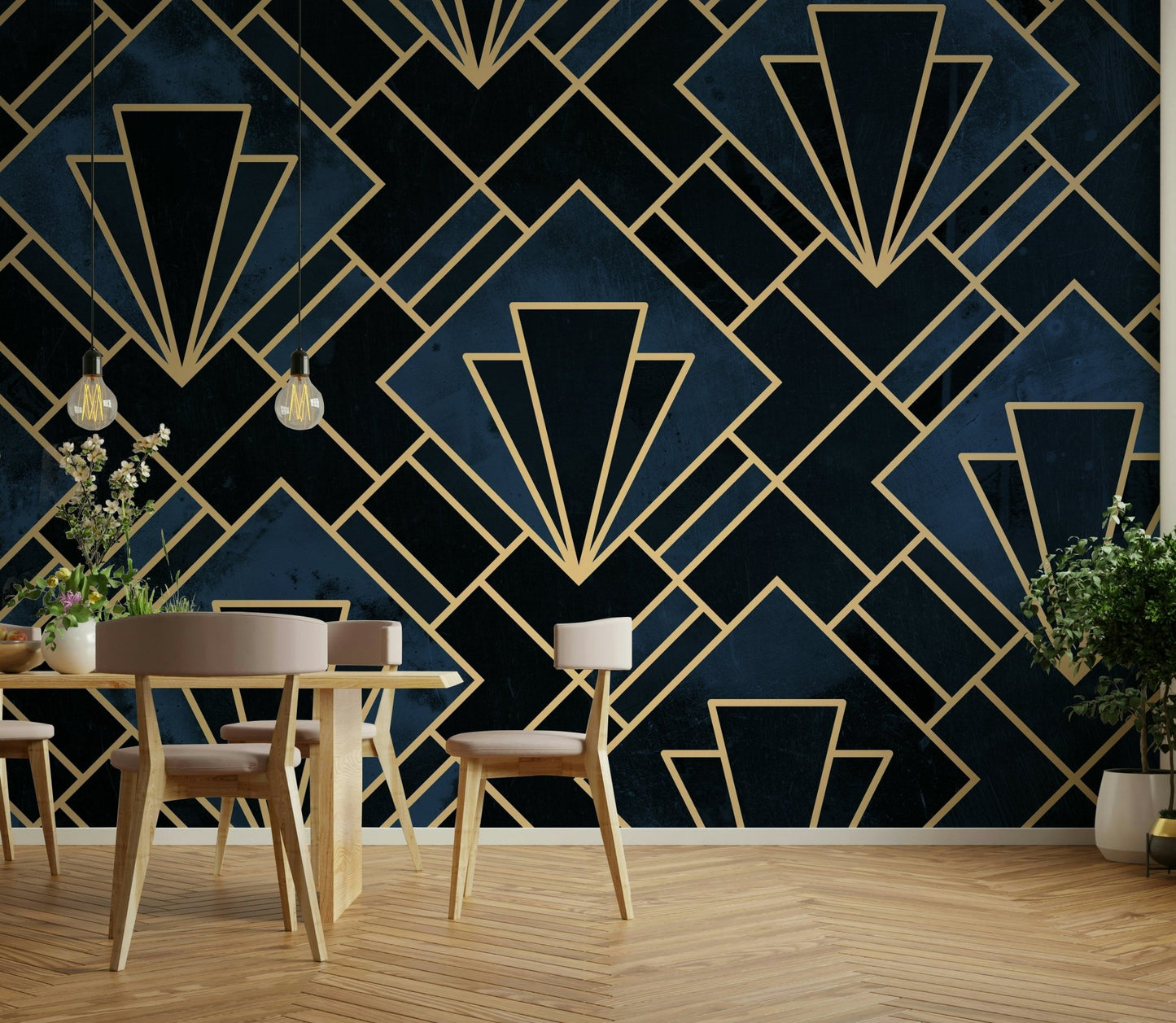 Bold Art Deco mosaic mural with navy blue and gold accents

