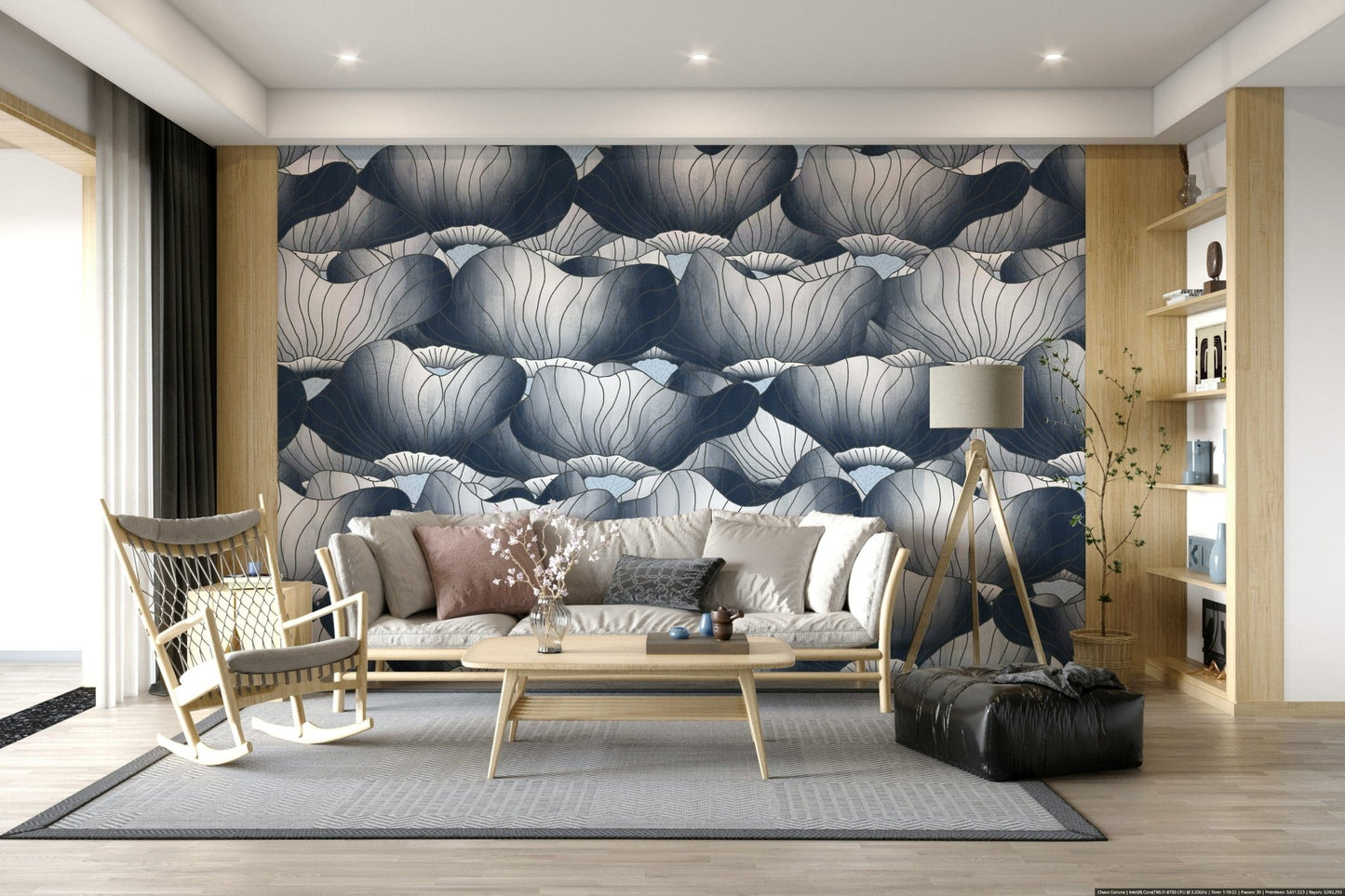 Navy Blue Botanical Bloom Waves  Wall Mural