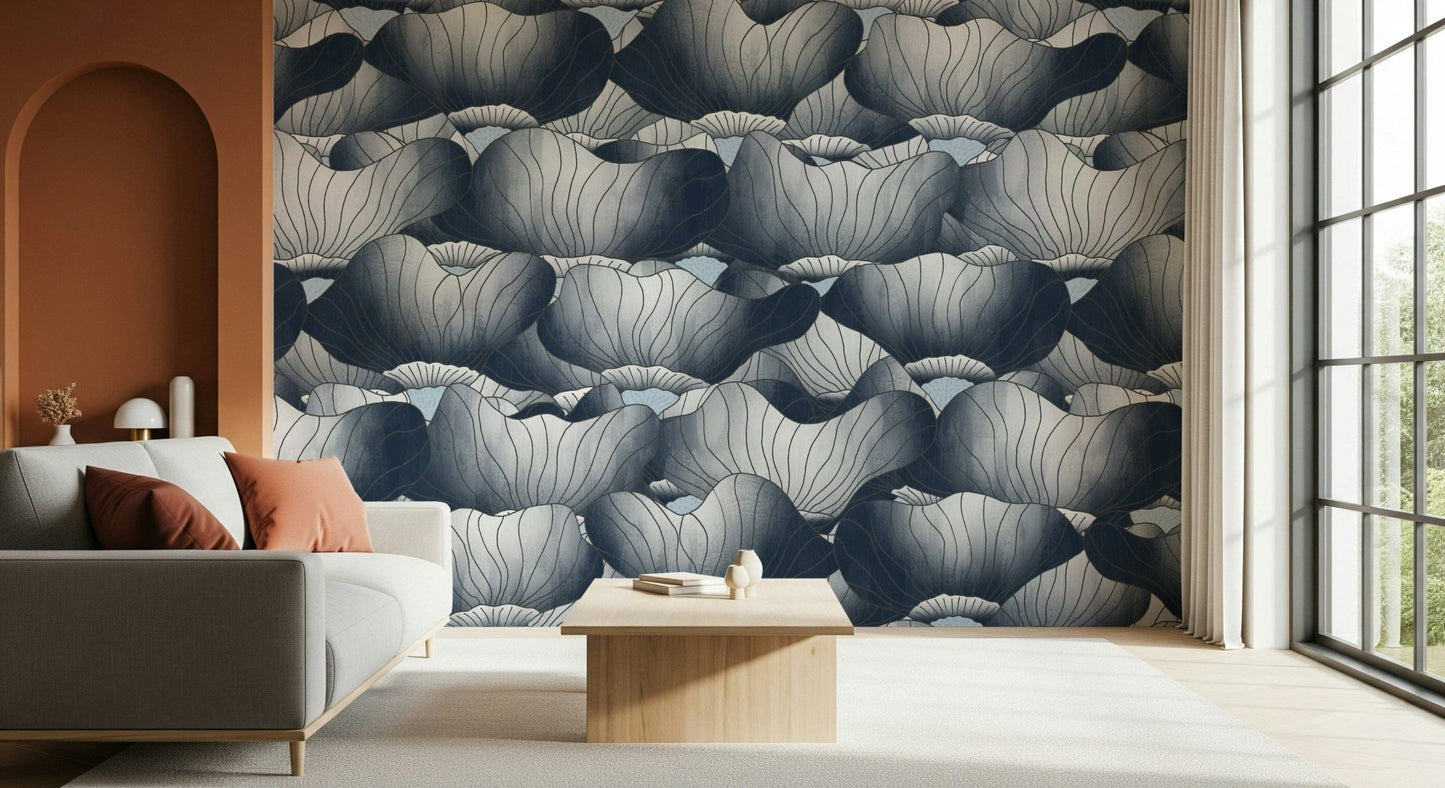 Navy Blue Botanical Bloom Waves  Wall Mural