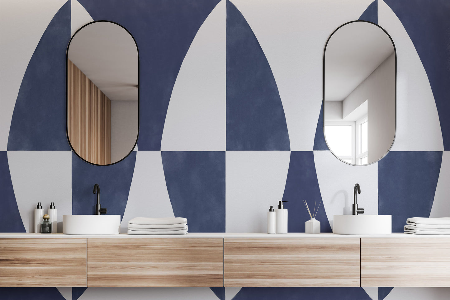 Navy blue and white abstract geometric wall covering
