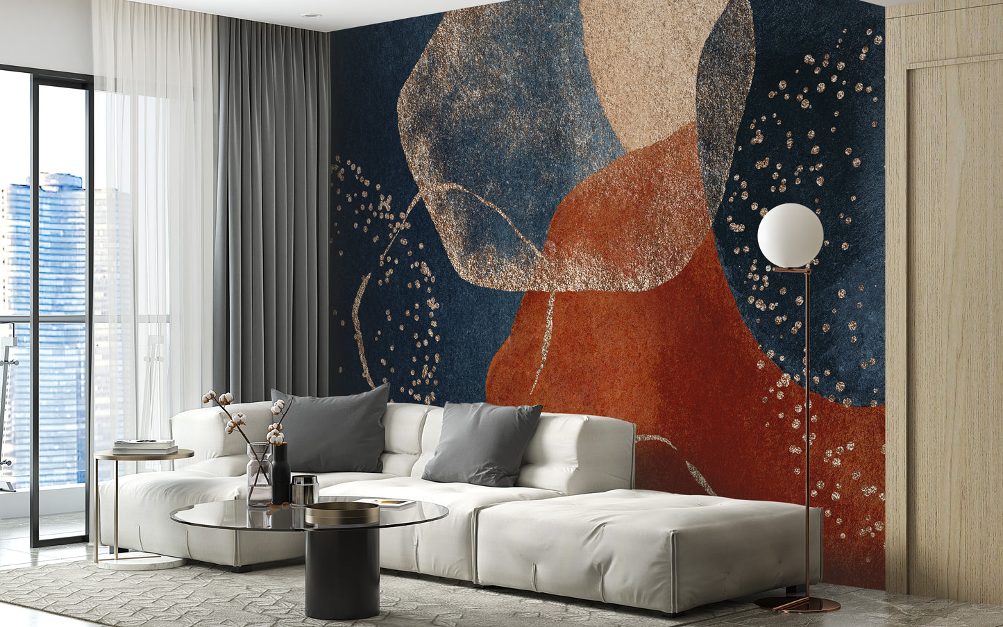 Watercolor navy blue and terracotta mural