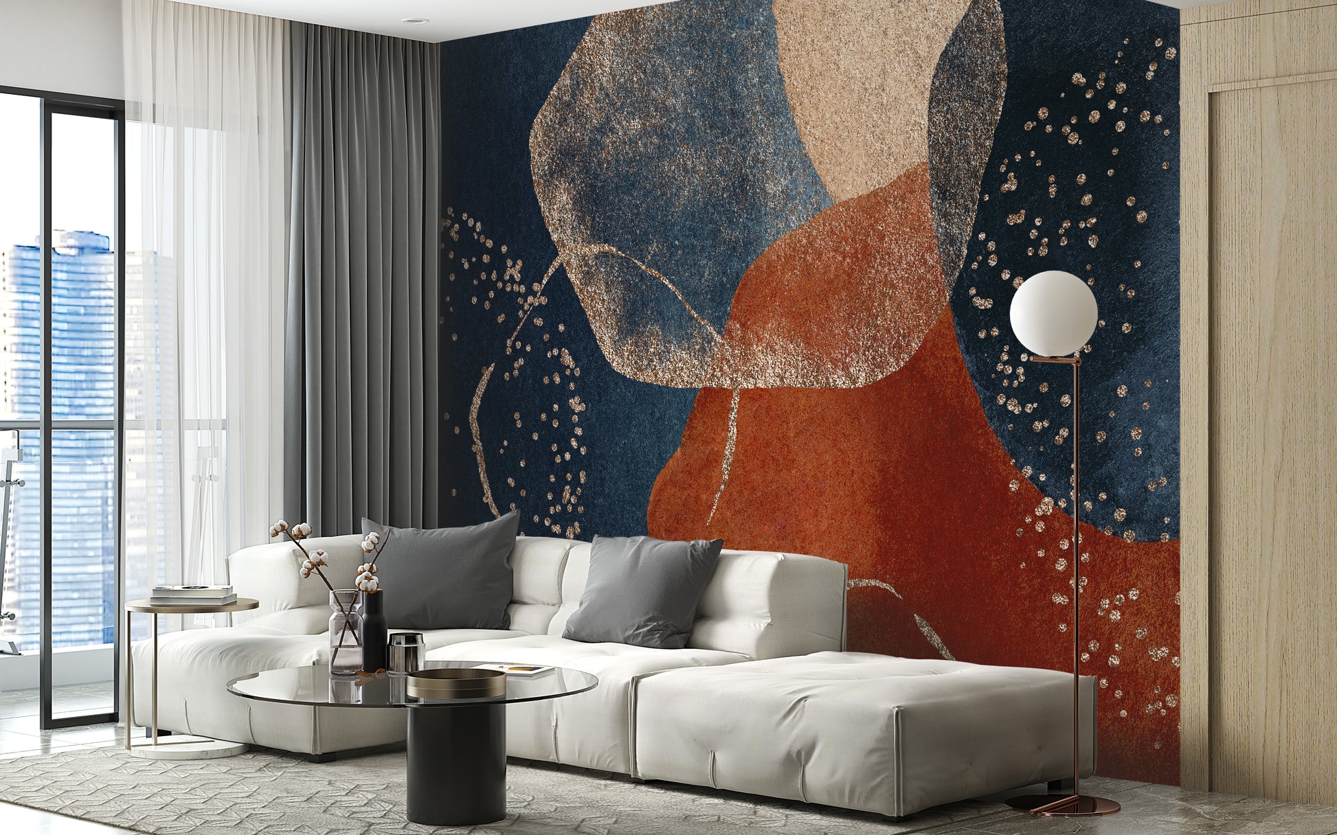 Watercolor navy blue and terracotta mural