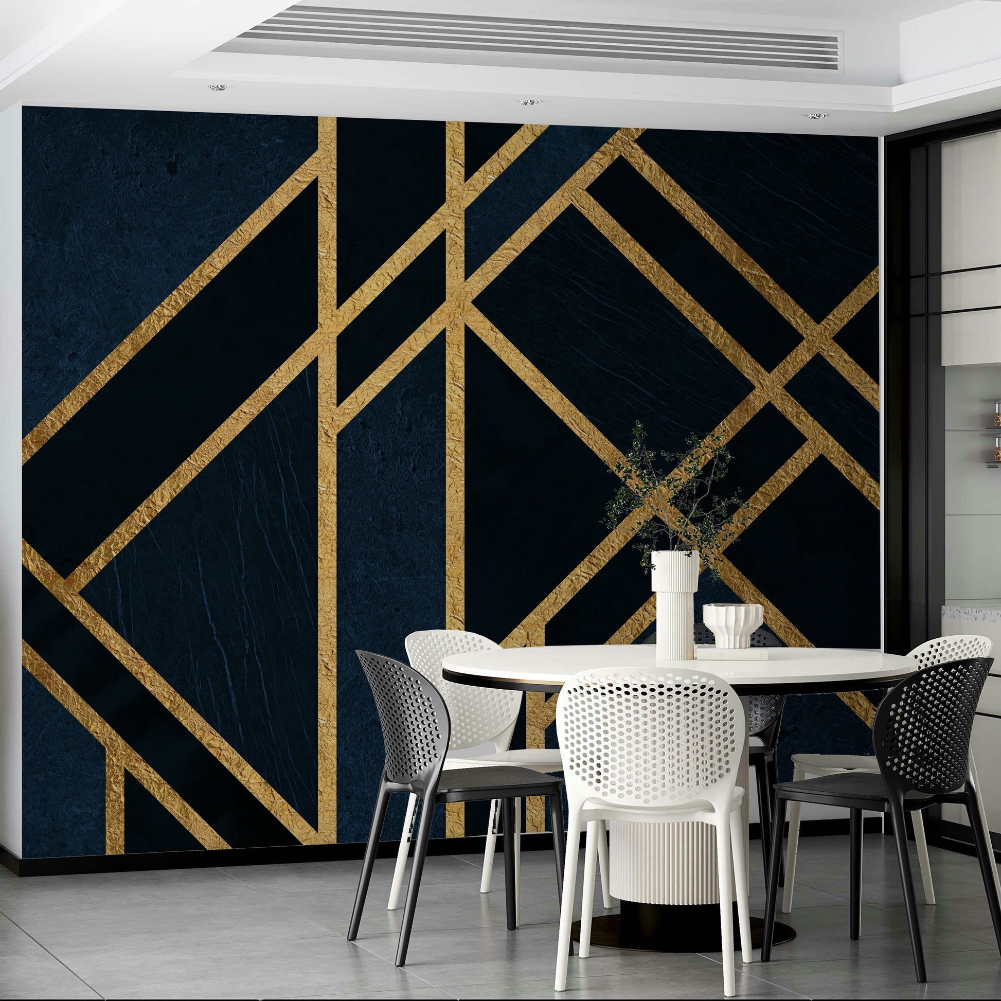 A beautiful Art Deco wallpaper mural in navy blue and gold.


