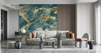 A modern abstract wall mural depicting a stunning deep lagoon and gold Marble Wallpaper pattern.
