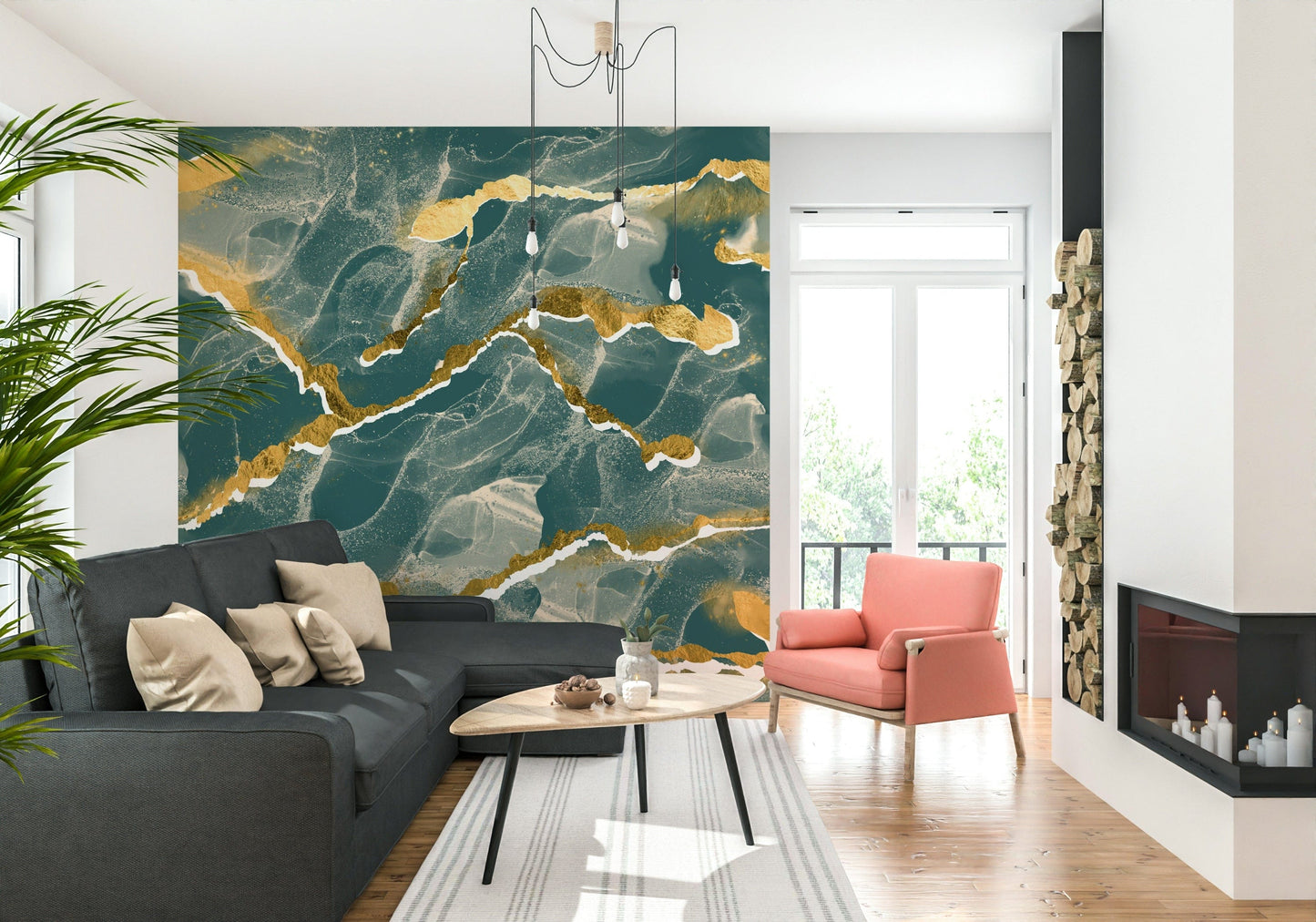Golden Veins Deep Lagoon Marble - a Modern Luxe Abstract Marble Wallpaper mural.