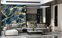 Luxe navy blue Marble Wallpaper mural featuring an abstract design with striking golden veins.