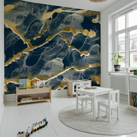 A modern abstract wall mural depicting a stunning navy blue and gold Marble Wallpaper pattern.