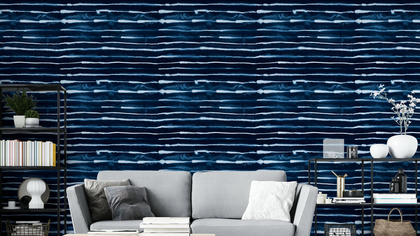 Navy blue striped wall mural with inky texture

