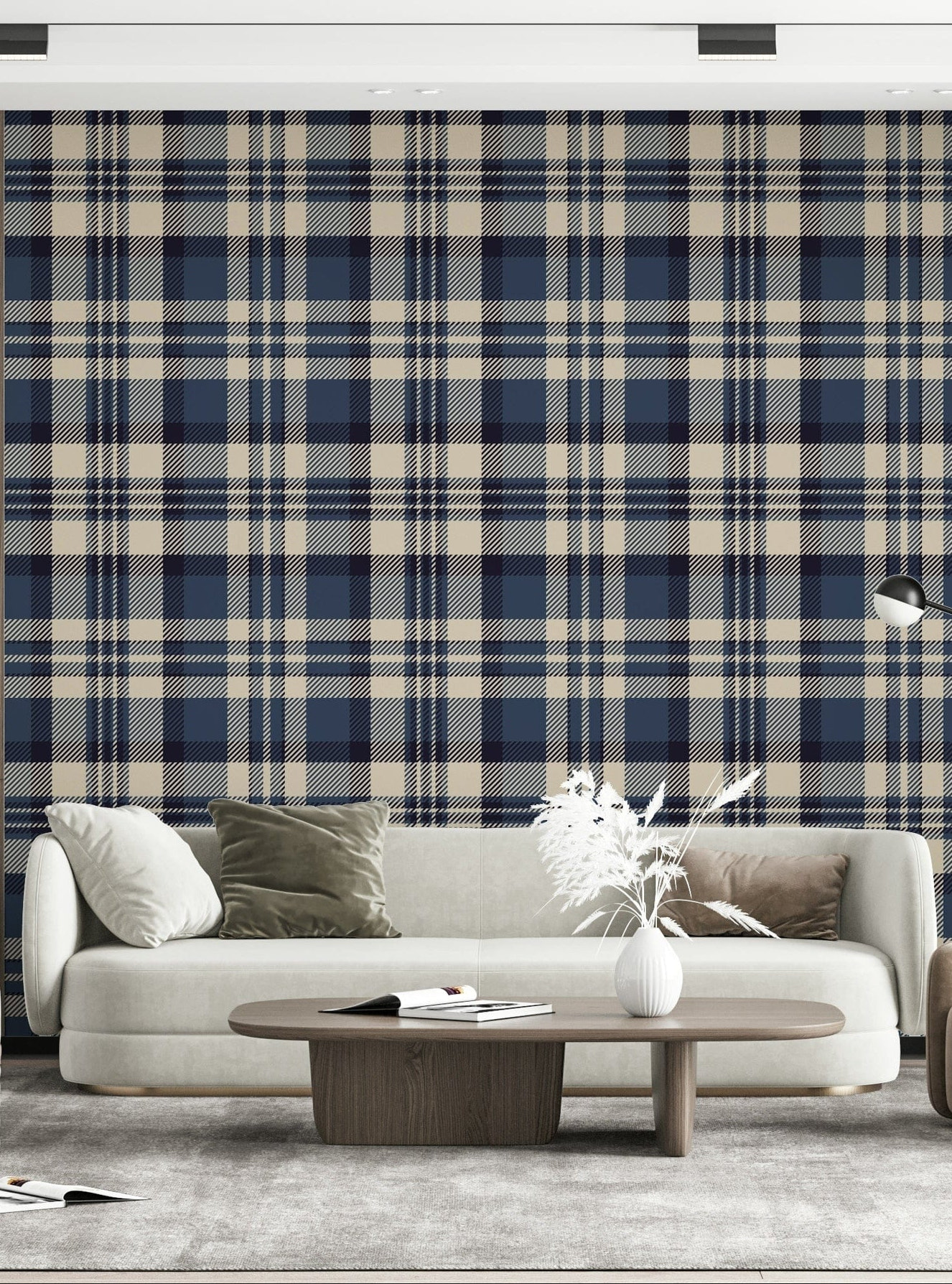 Elegant navy tartan wall covering with bold, geometric check patterns.