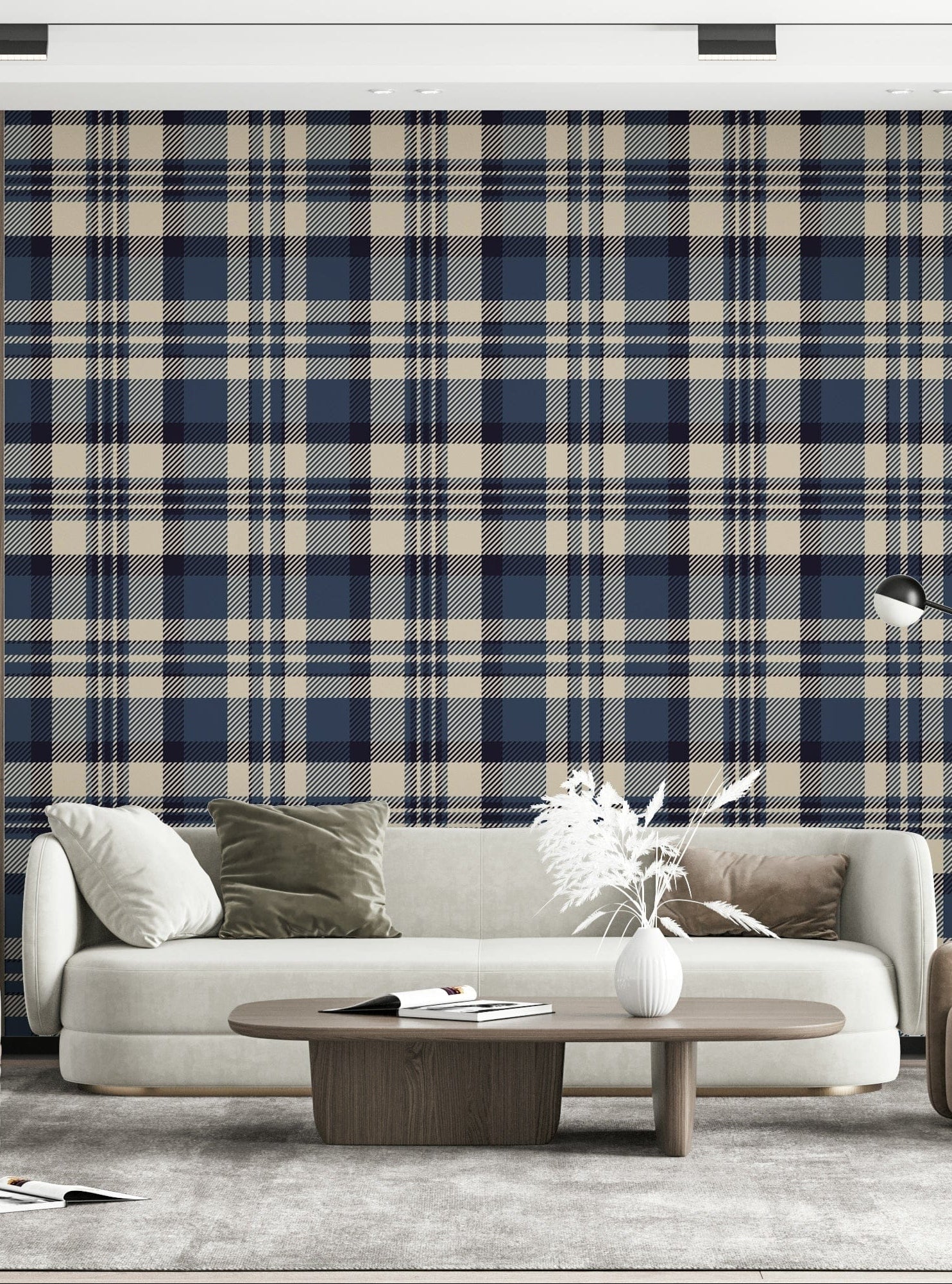 Elegant navy tartan wall covering with bold, geometric check patterns.