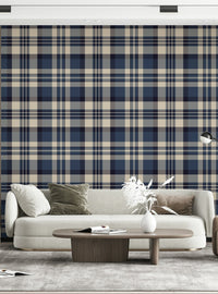 Elegant navy tartan wall covering with bold, geometric check patterns.