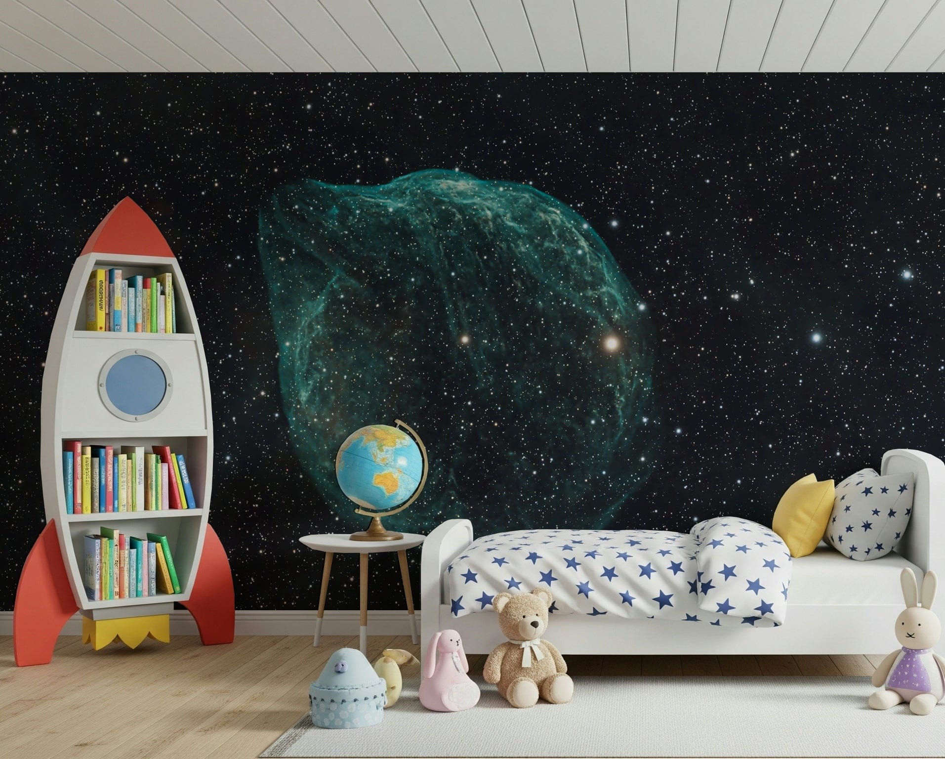 Stellar Cloud wallpaper mural with teal nebula on black starfield in a kids room with red rocket bookshelf and star bed