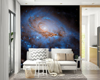 Nebula Dreams wall mural of a glowing spiral galaxy behind a white sofa with a chevron cushion near a kitchen