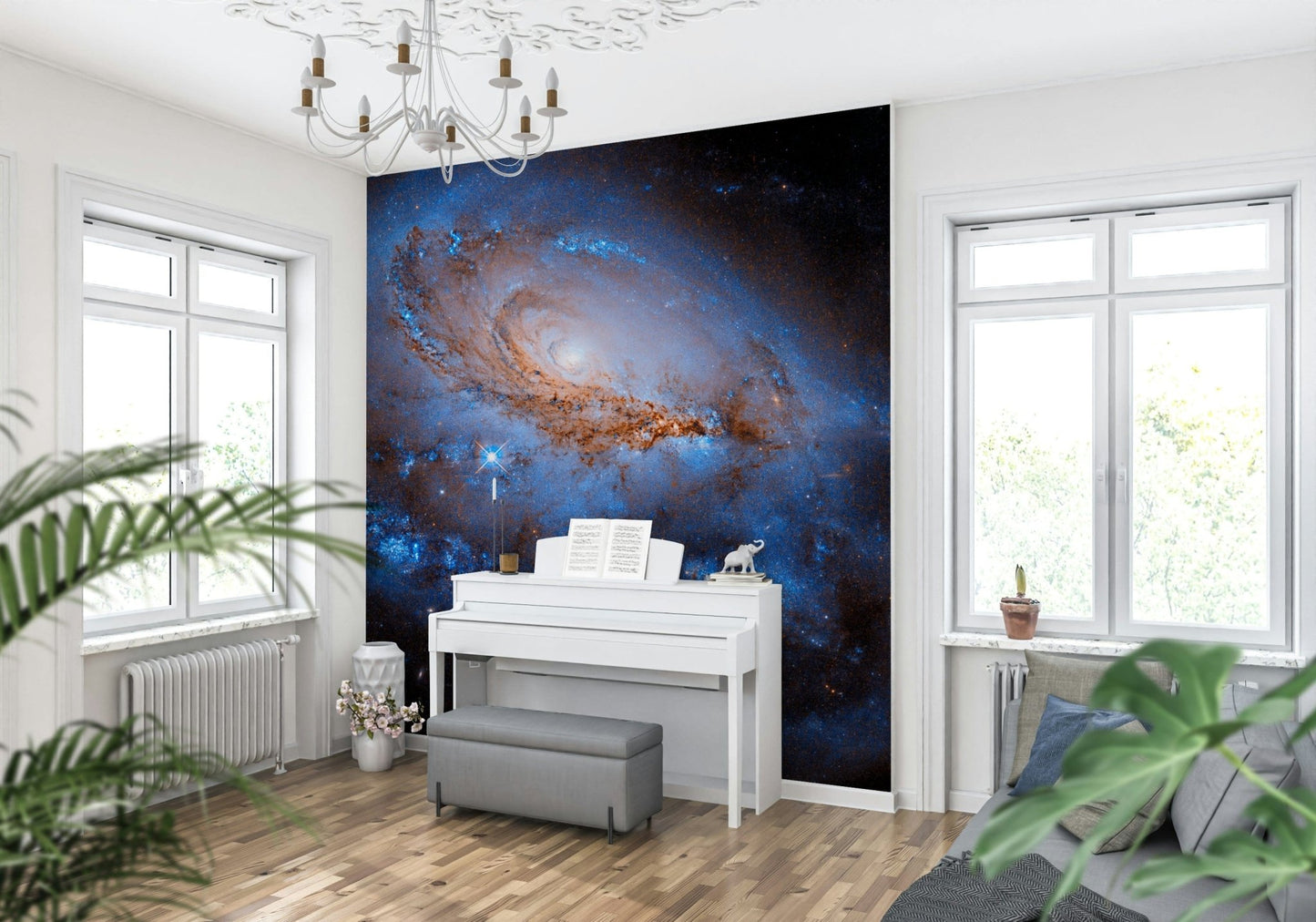 Nebula Dreams wall mural of a glowing spiral galaxy behind a white upright piano in a bright music room