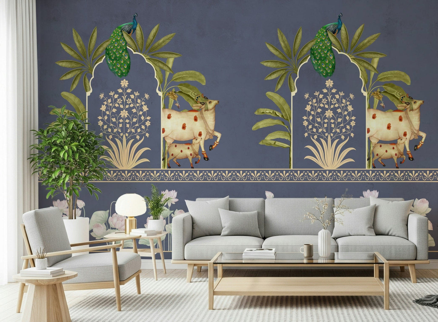 Reading corner mural with arch pattern, navy and beige tones, minimal modern styling for small spaces