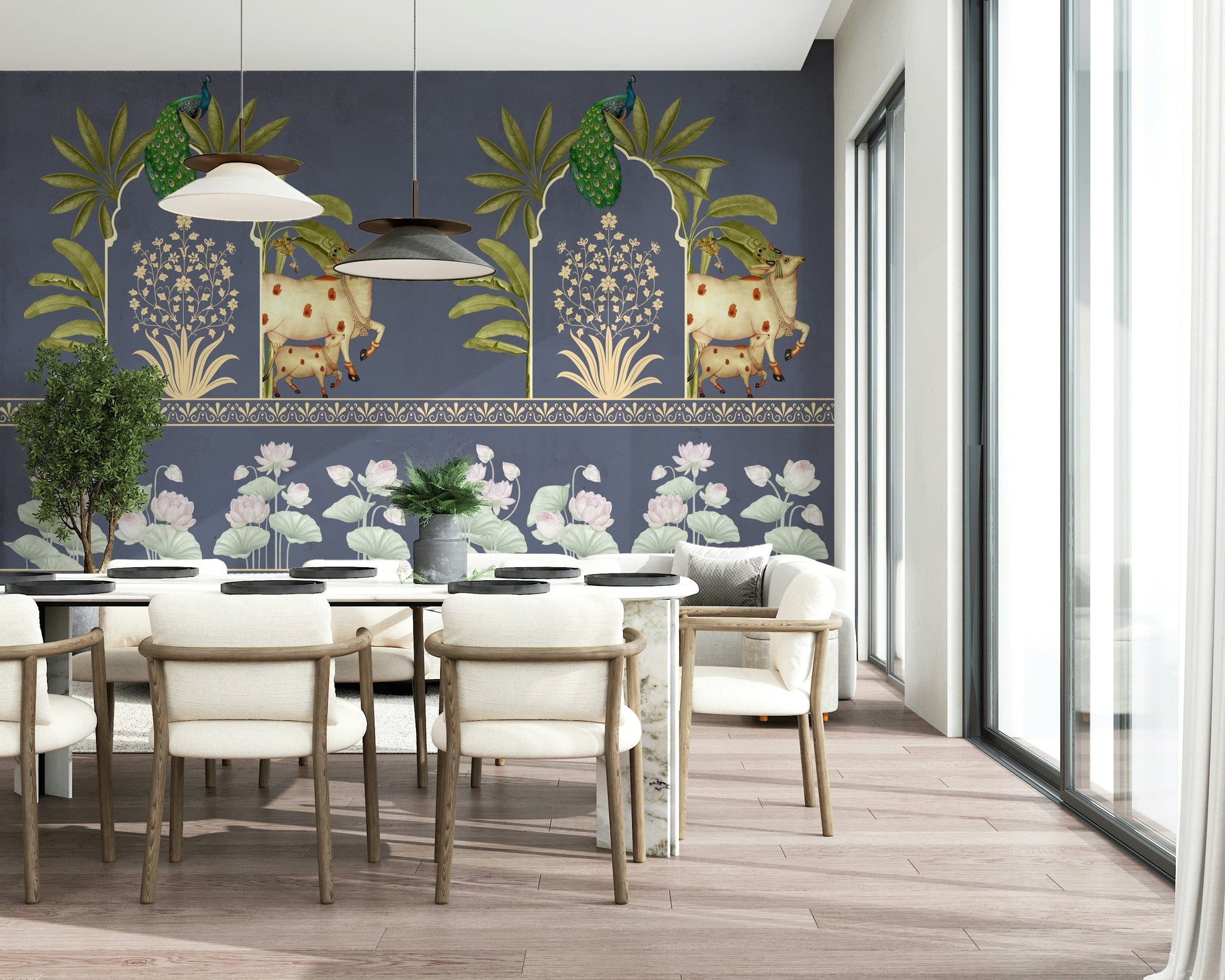 The Neelambar Arch wallpaper mural in dining area, blue arches and warm neutrals, modern feature wall use