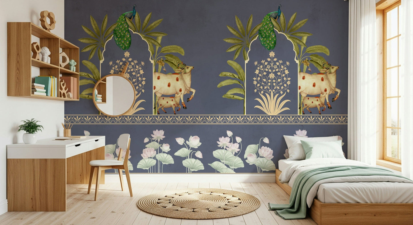 The Neelambar Arch mural in apartment entryway, bold blue arches on light background, clean modern look