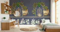 The Neelambar Arch mural in apartment entryway, bold blue arches on light background, clean modern look