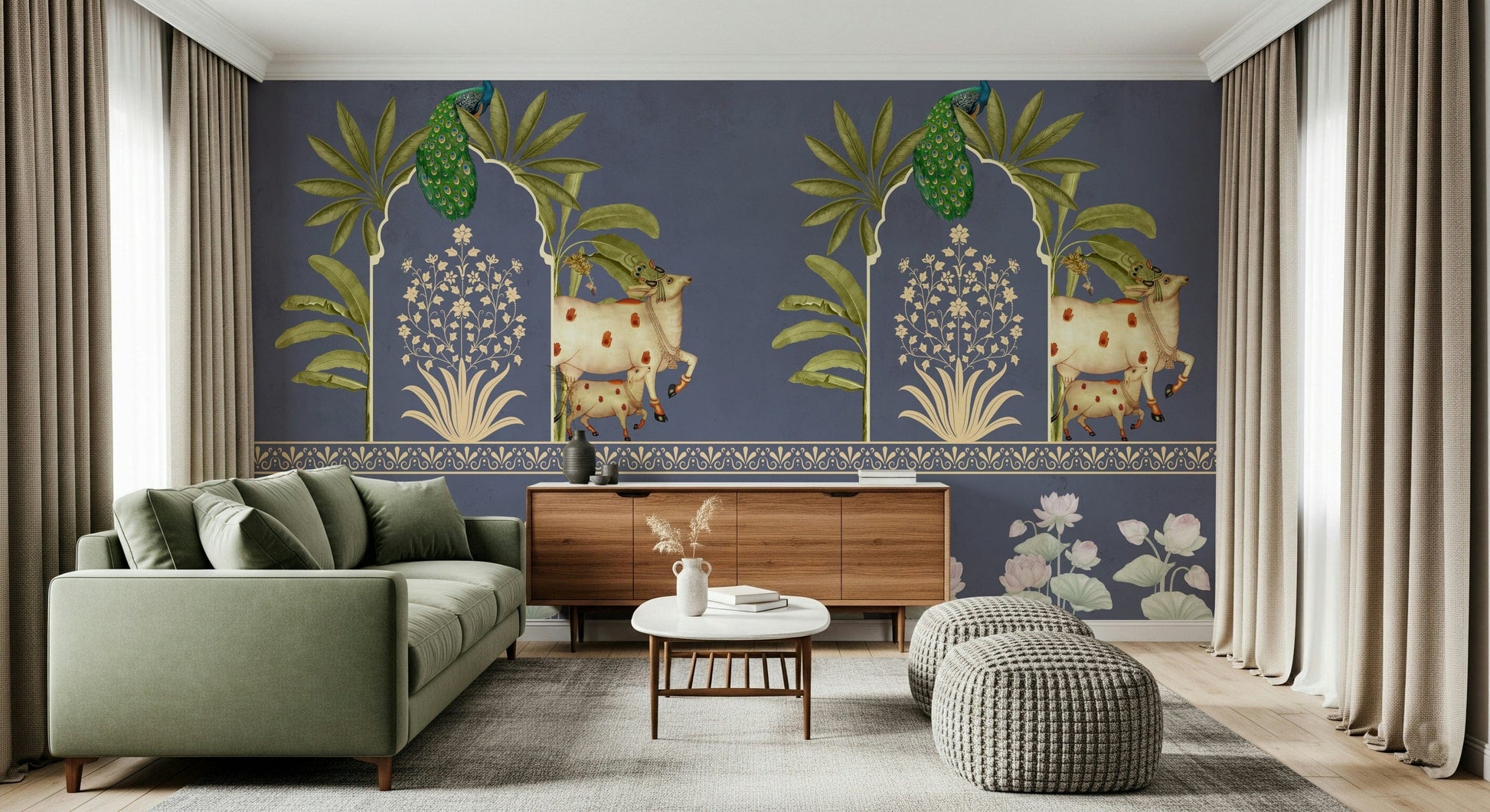 Arch-style wallpaper mural for bedroom, navy and sand color palette, modern wall decor behind headboard