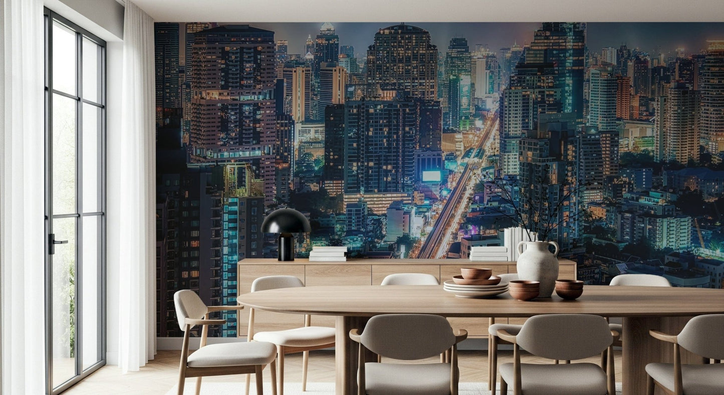 Luminous buildings at night, Neon Cityscape Nights wallpaper, city vibe.