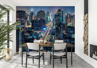 Neon Cityscape Nights wallpaper, vibrant urban glow, towering buildings.
