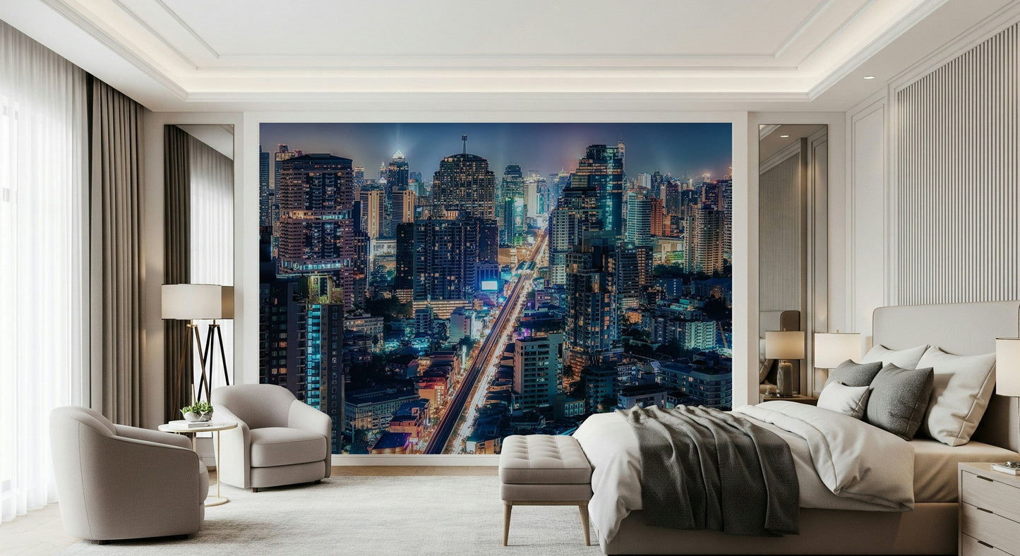 Neon Cityscape Nights, a majestic skyscraper wallpaper for walls display.