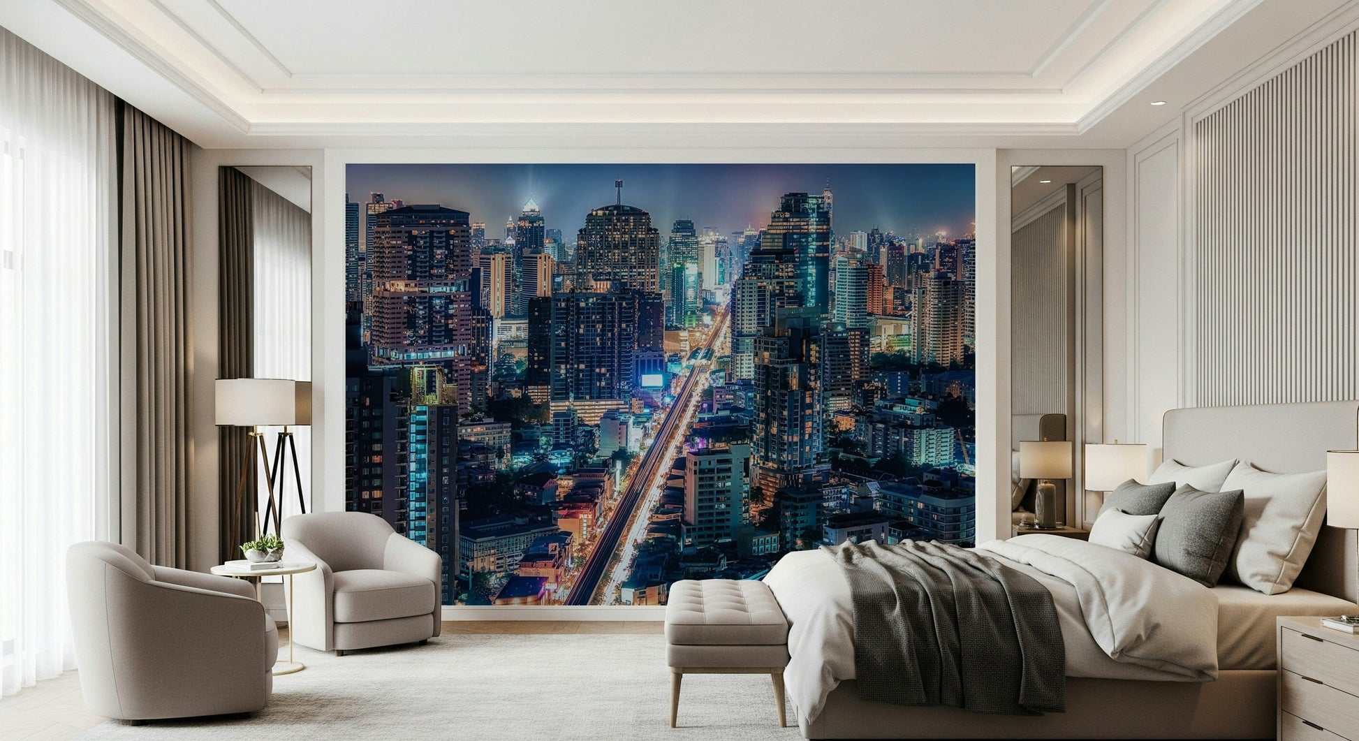 Neon Cityscape Nights, a majestic skyscraper wallpaper for walls display.