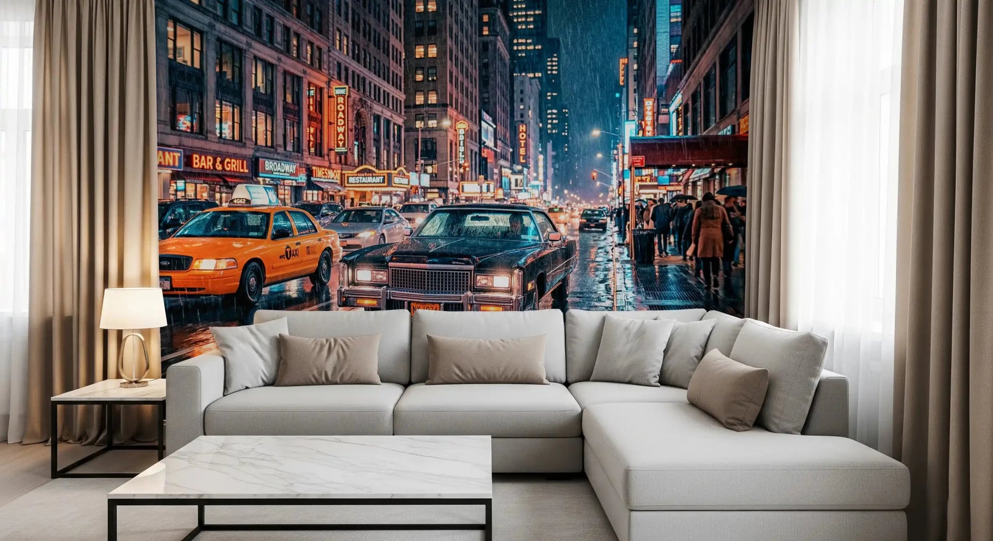 Night city wall mural with neon lights and rainy street view