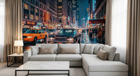 Night city wall mural with neon lights and rainy street view