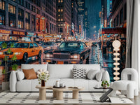 Office room neon NYC wall mural with city traffic and night lights