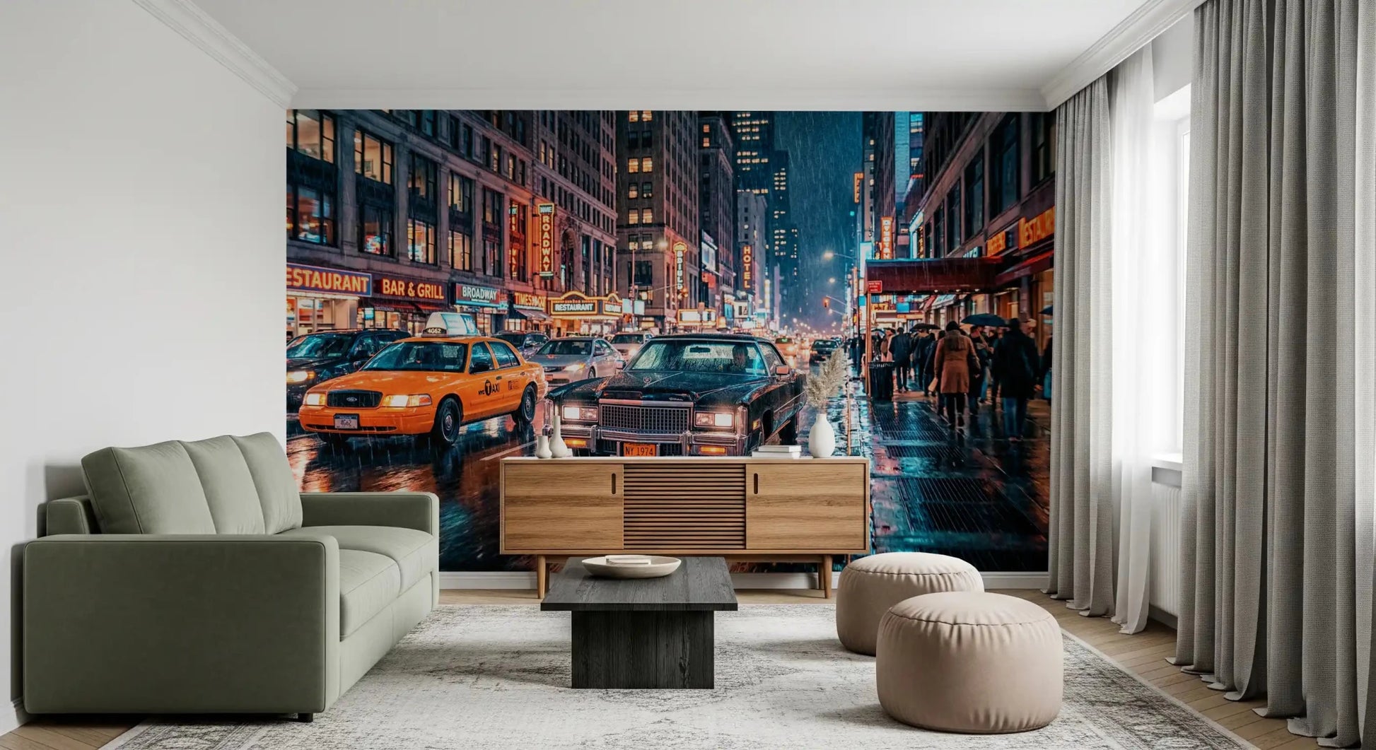 Hallway NYC rain wall mural with taxis and wet street reflections