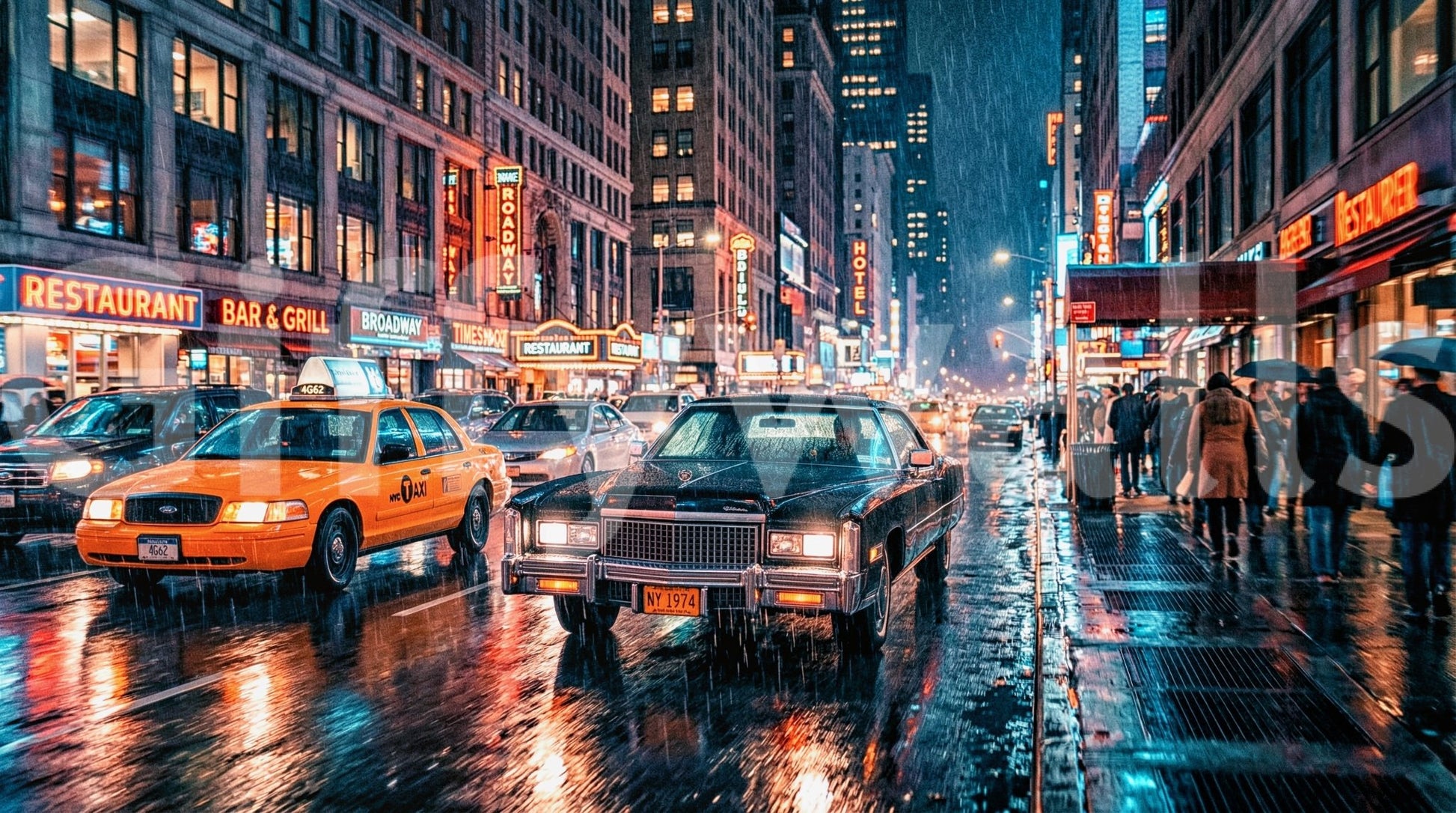 City street wall mural with neon glow and rainy night scene