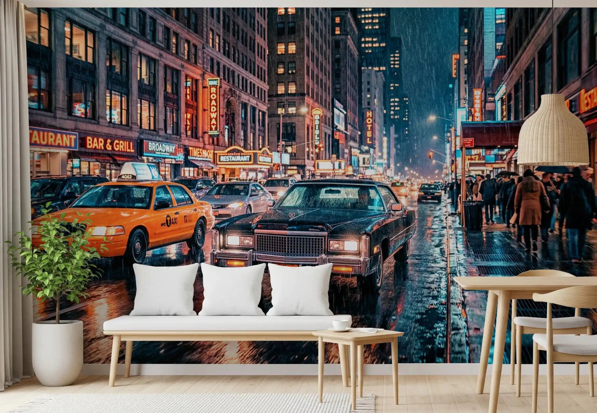 Neon-lit NYC wall mural with traffic and wet street reflections