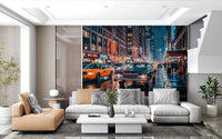 Neon Rain NYC Streets wall mural with taxis and glowing signs