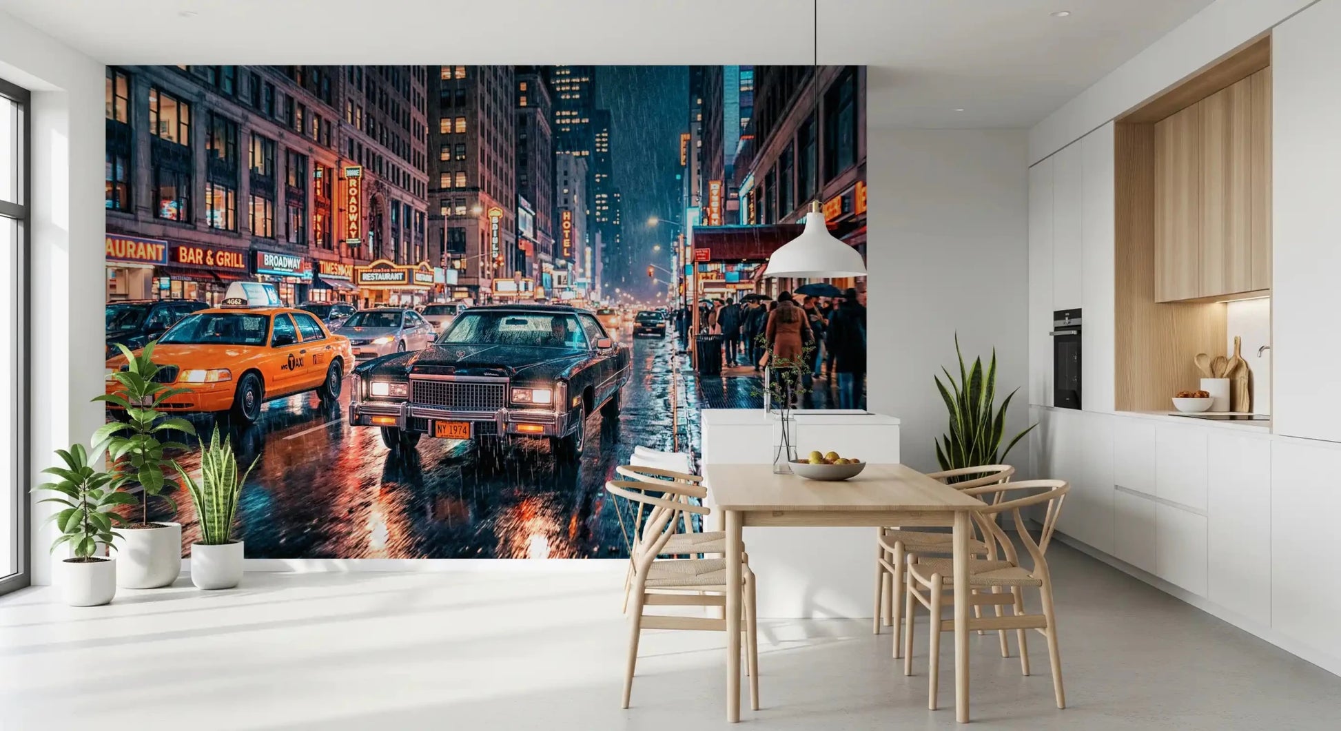 Urban NYC wall mural with taxis, traffic, and wet pavement glow