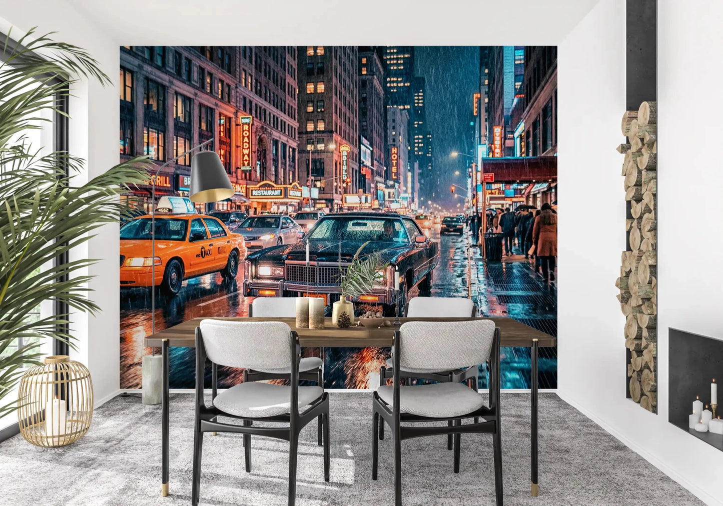 NYC street wall mural with neon lights and rainy reflections
