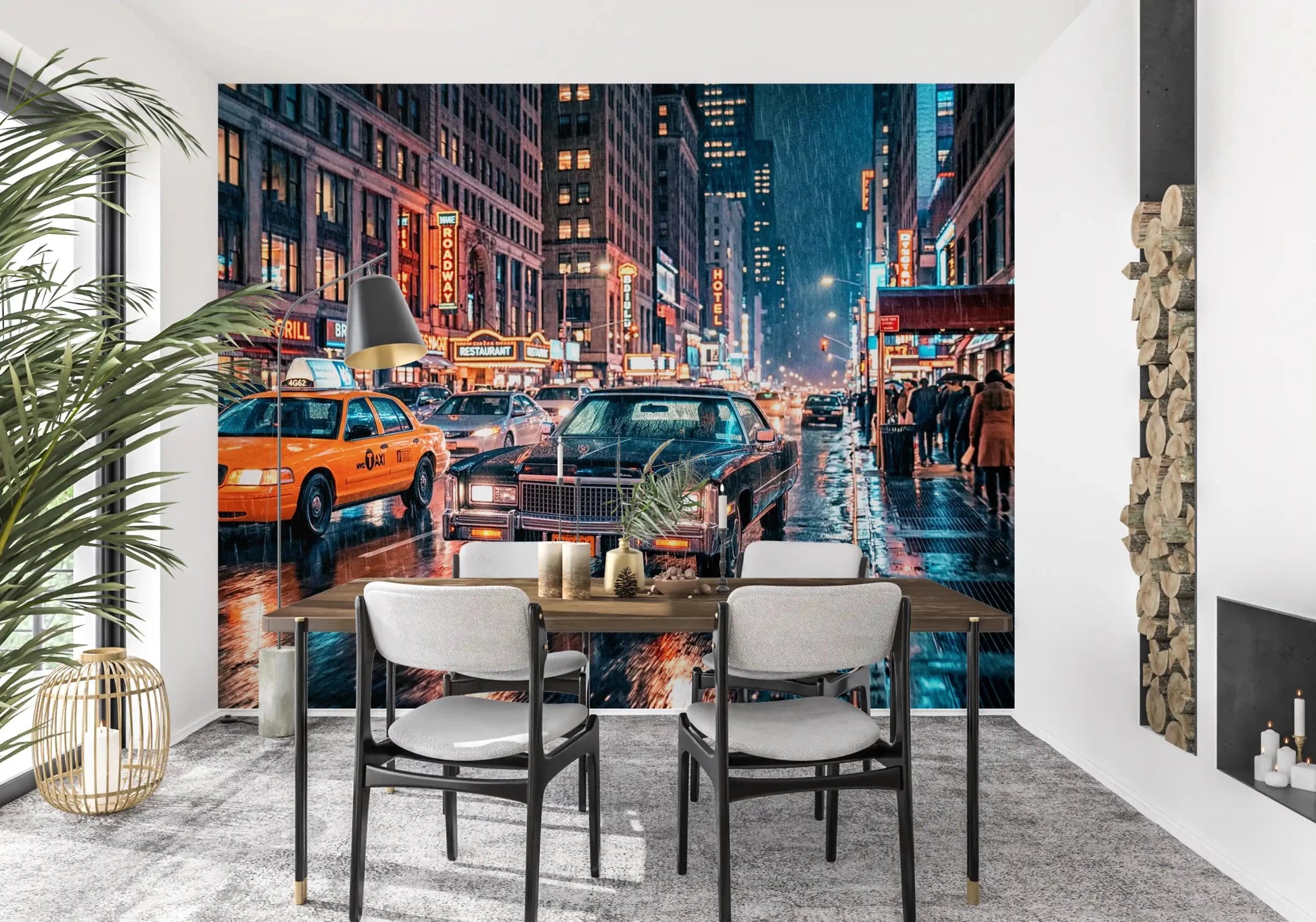 NYC street wall mural with neon lights and rainy reflections