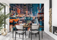 NYC street wall mural with neon lights and rainy reflections
