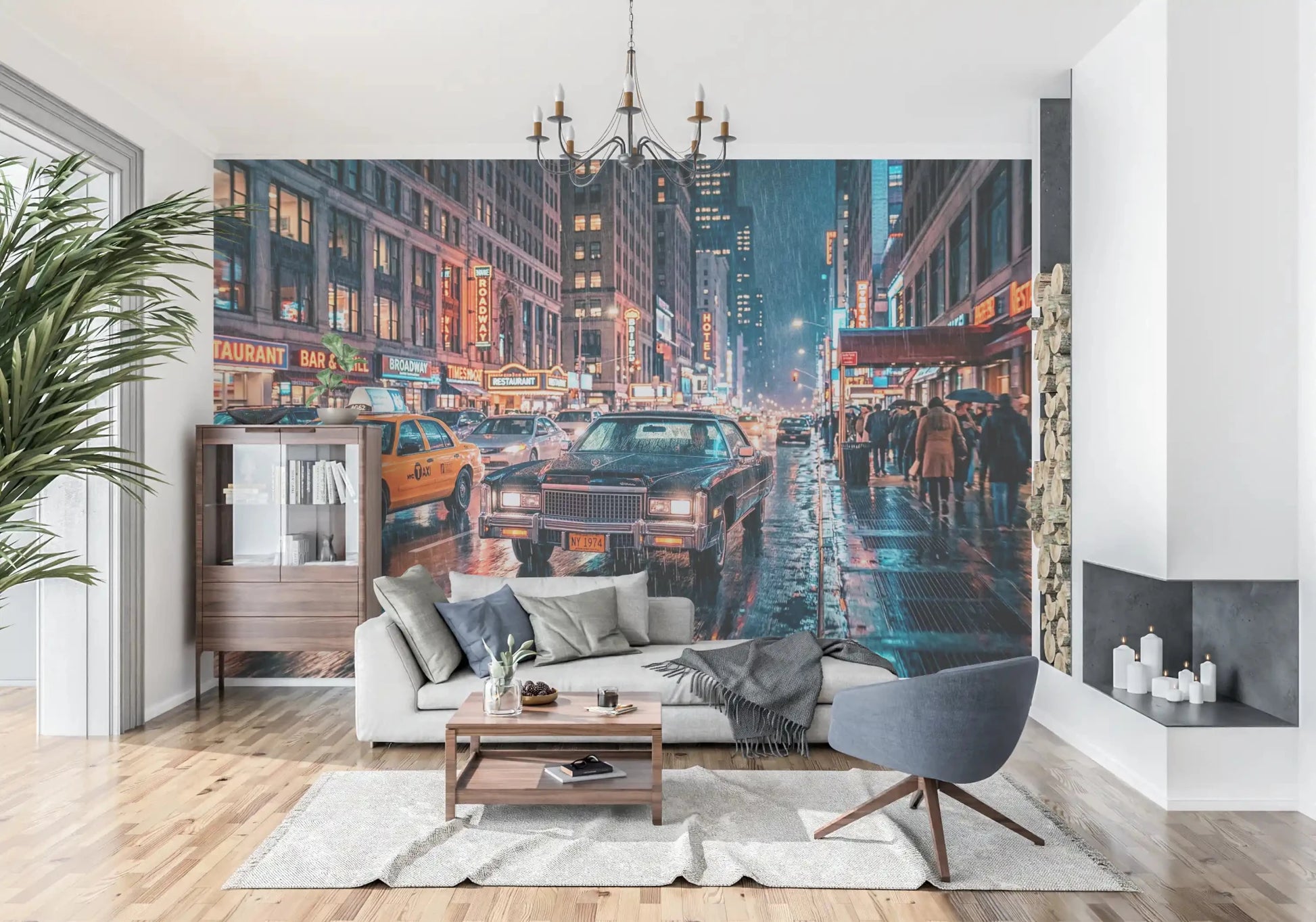 NYC rain scene wall mural with yellow taxi and city lights