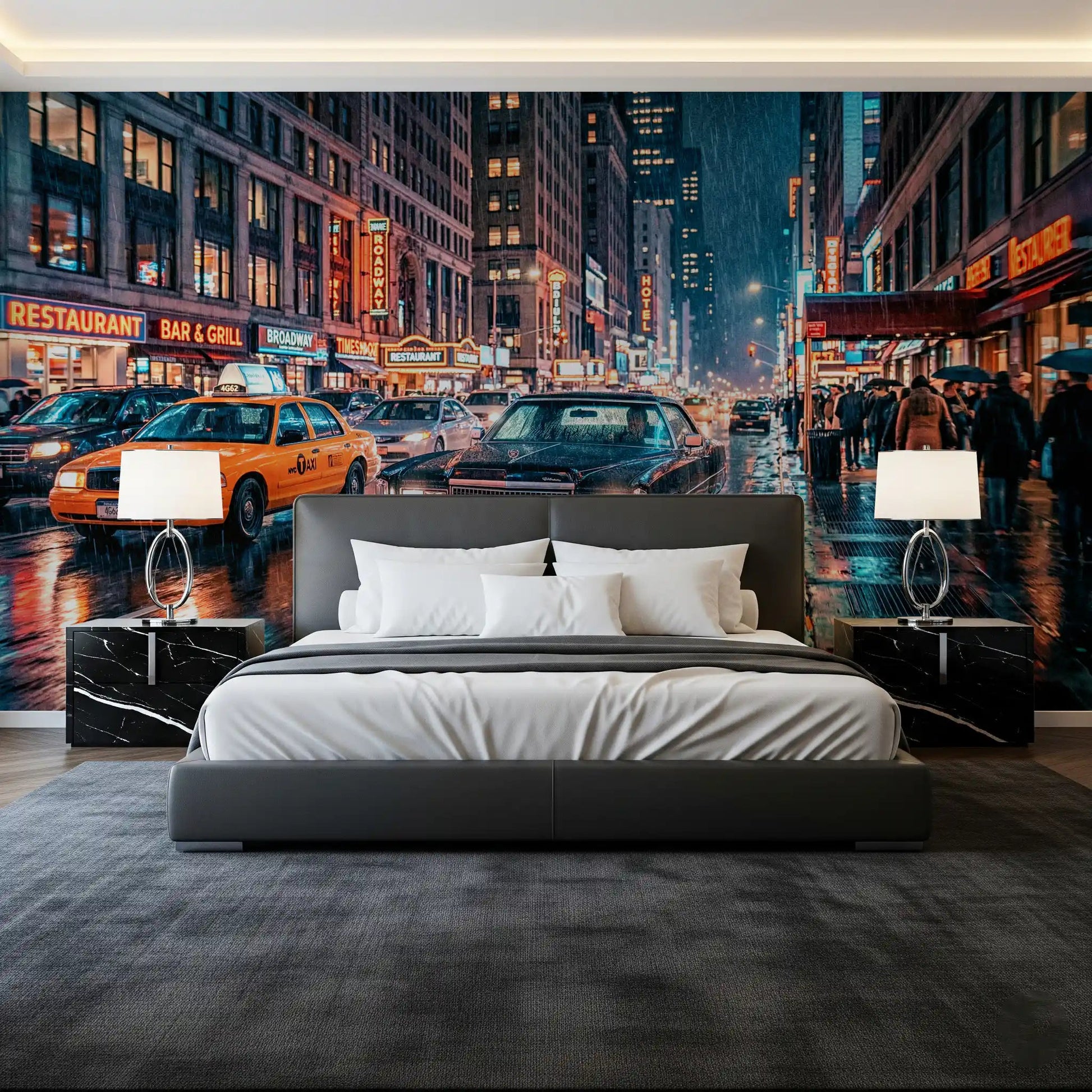Bedroom urban NYC streets wall mural with neon signs and rain