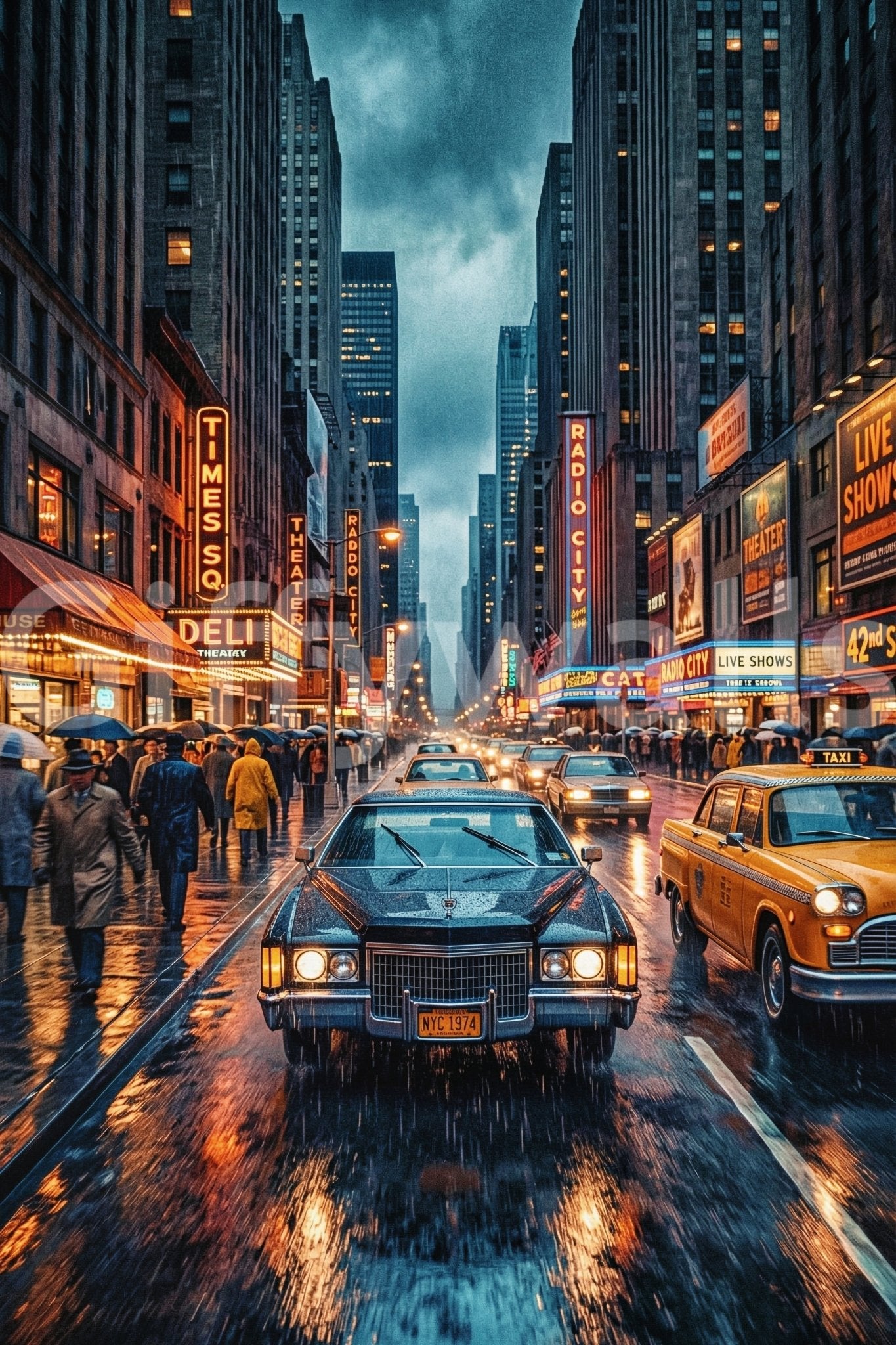 Retro NYC street wall mural with rain and bright lights