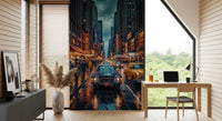 NYC neon vintage wall mural with traffic and reflections