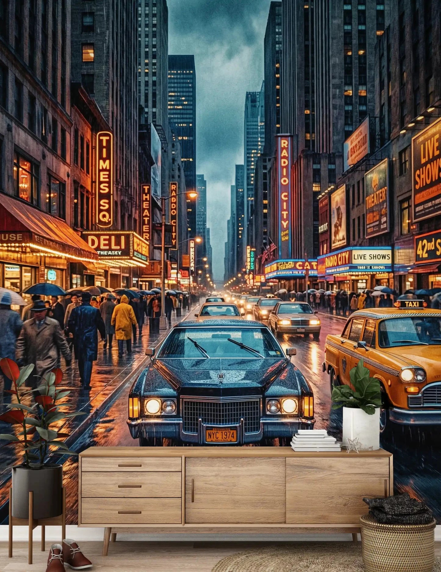 Hallway NYC vintage rain wall mural with taxis and lights