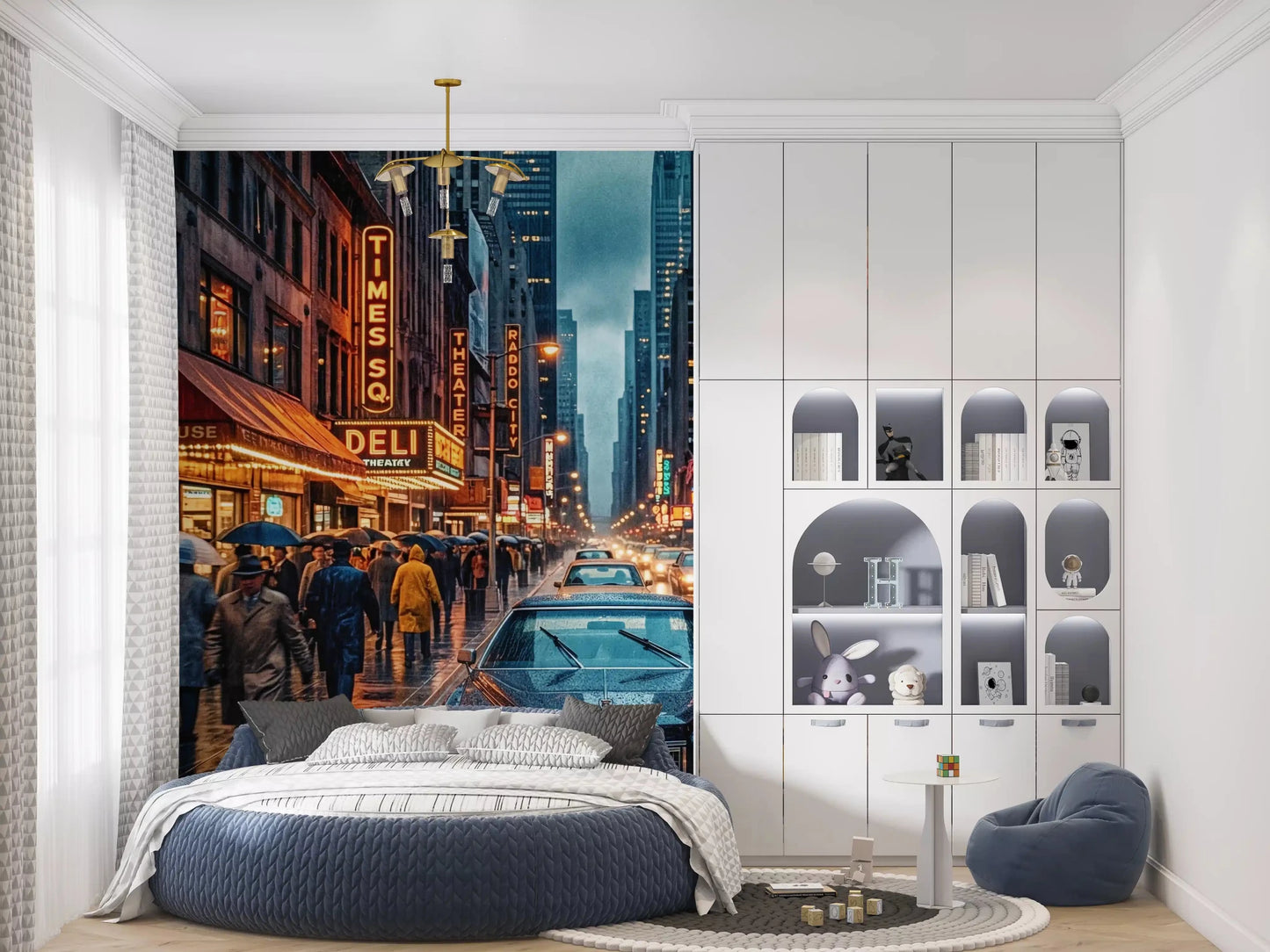Rainy NYC wall mural with vintage cars and neon signs