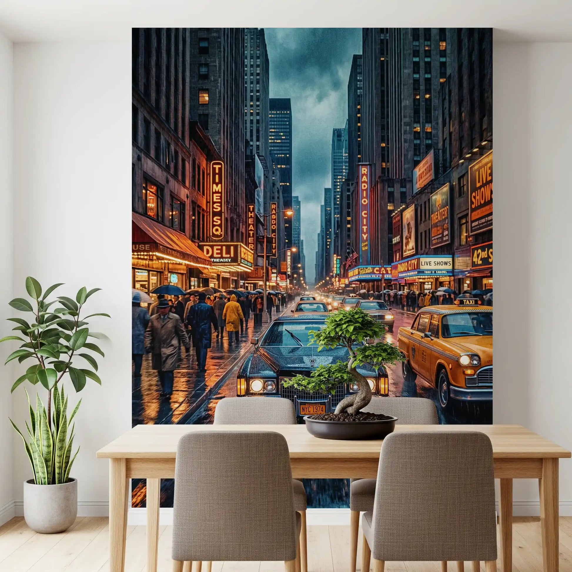 Dining room vintage NYC rain wall mural with taxis and neon
