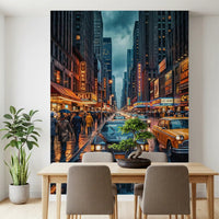 Dining room vintage NYC rain wall mural with taxis and neon
